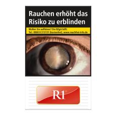 Schachtel Zigaretten R1 Rot. Weiße Packung mit Streifen und rot-weißem R1 Logo.