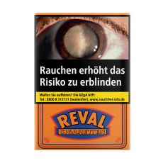 Schachtel ZIgaretten Reval ohne Filter. Orange Packung mit blau-rotem Reval Logo.