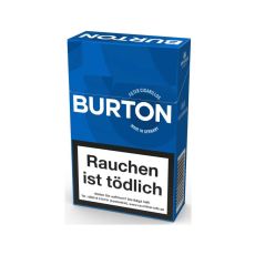 Schachtel Zigarillos Burton Blau L. Kleine blaue Packung mit weißer Burton Aufschrift und Logo.