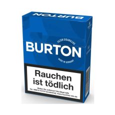 Schachtel Zigarillos Burton Blau XL. Große blaue Packung mit weißer Burton Aufschrift und Logo.
