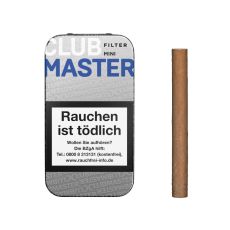 Dose Zigarillos Clubmaster Mini Blue Filter No 282. Kleine silberne Dose mit weißer Club und blauer Master Aufschrift und Zigarillo.