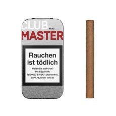 Dose Clubmaster Zigarillos Mini Red No 232. Kleine silberne Dose mit weißer Club und roter Master Aufschrift und Zigarillo.