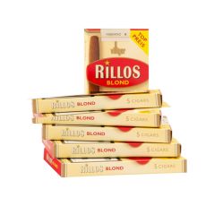 Schachtel Villiger Rillos Filterzigarillos Blond . Fünf beige Packungen mit Rillos Logo und Blond Aufschrift.
