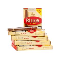 Schachtel Villiger Rillos Filterzigarillos Blond . Fünf beige Packungen mit einem Zigarillo.