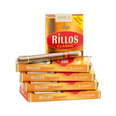 Schachtel Villiger Rillos Filterzigarillos Classic. Goldene Packungen mit einem Zigarillo.