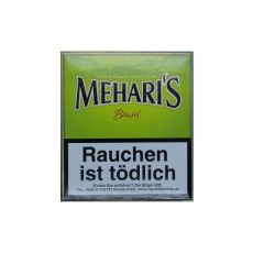 Schachtel Meharis Brasil Zigarillos. Grüne Packung mit schwarzer Meharis Aufschrift.