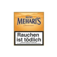 Schachtel Meharis Mini Dominican Zigarillos. Orange Packung mit blauer Meharis Aufschrift.