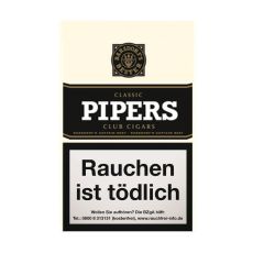 Packung Pipers Club Zigarren Classic. Weiße Schachtel mit schwarze Pipers Banderole.