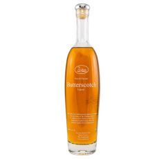 Zuidam Butterscotch Likör. Klare Flasche mit goldbraunem Inhalt mit weißer Zuidam und Butterscotch Aufschrift.
