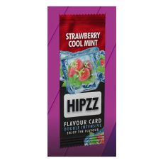 Aromakarten Hipzz Strawberry Cool Mint. Rot-schwarze Verpackung mit Erdbeeren in Eiswürfeln.