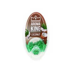 Packung Aromakugeln Aroma King Kokosnuss. Braunes Etikett mit Kokosnuss und grüne Kugeln.