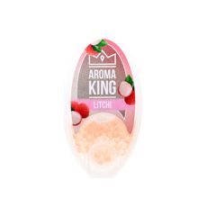 Packung Aroma King Aromakugeln Litschi. Rosa Etikett mit Litschis und rosa Kugeln.