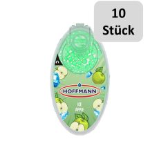 Packung Aromakugeln Eis Apfel. Grüne Packung mit Äpfeln und Eiswürfel und zehn Stück Bottom.
