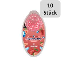 Packung Aromakugeln Eis Erdbeere. Rote Packung mit Eiswürfel und Erdbeeren und zehn Stück Bottom.