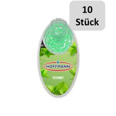 Packung Hoffmann Aromakugeln Pfefferminz. Grüne Packung mit Pfefferminzblättern und weiße Kugeln und zehn Stück Bottom