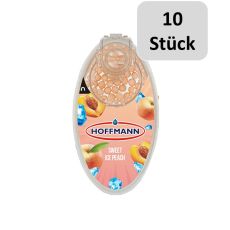 Packung Hoffmann Aromakugeln Sweet Ice Peach. Rosa Packung mit Pfirsich und Hoffmann Logo und zehn Stück Bottom.