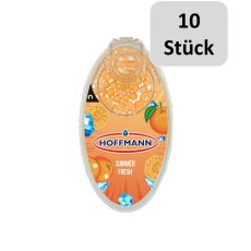 Packung Hoffmann Aromakugeln Summer Fresh. Orange Packung mit Orangen und orangen Kugeln und zehn Stück Bottom