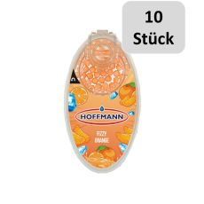 Packung Hoffmann Aromakugeln Fizzy Orange. Orange Packung mit Eis und Mandarinen und zehn Stück Bottom.