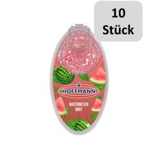 Packung Hoffmann Aromakugeln Watermelon Mint. Hellrote Packung mit Wassermelone und Hoffmann Logo und zehn Stück Bottom.