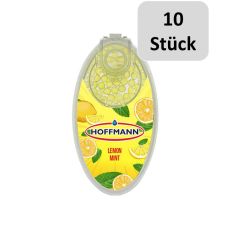 Packung Hoffmann Aromakugeln Lemon Mint. Gelbe Packung mit Zitronen und Hoffmann Logo und zehn Stück Bottom.