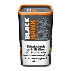 Dose Black Hawk Volumentabak. Mittelgroße grau-orange eckige Dose mit weiß-oranger Black Hawk Aufschrift.