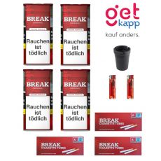 Sparset Break Tabak Original Rot 100g Dose. Vier rote Dosen mit weißem Break Logo, Hülsen, Aschenbecher und Feuerzeuge.