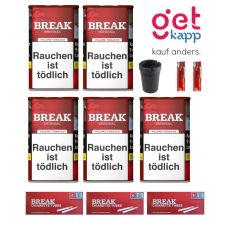 Sparset Break Tabak Original Rot 65g Dose. Fünf rote Dosen mit weißem Break Logo, Hülsen, Ascher und Feuerzeuge.