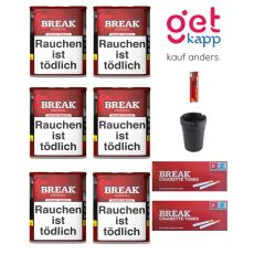 Sparset Break Tabak Original Rot 53g Dose. Sechs rote Dosen mit weißem Break Logo, Hülsen, Ascher und Feuerzeug.
