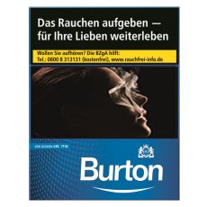 Schachtel Burton Zigaretten blau/blue - ehemals white XXXL mit einem Packungsinhalt von 40 Zigaretten. Burton Zigaretten blau/blue - ehemals white XXXL Stange mit 4 Packungen Filterzigaretten.