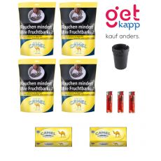 Sparset XL Angebot 4 x Camel Tabak gelb / yellow Beutel 135g Volumentabak, 2 x Camel King Size 200 Filterhülsen, 3 x Feuerzeug Einweg, 1 x Autoaschenbecher