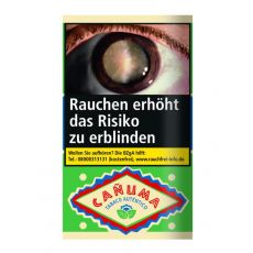 Pouch Canuma Feinschnitt-Tabak. Grünes Päckchen mit blau-rotes Canuma Logo.