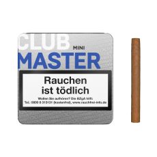 Dose Clubmaster Zigarillos Mini Blue No 280. Silberne Dose mit weißer Club und blauer Master Aufschrift und Zigarillo.