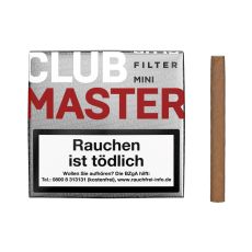 Packung Zigarillos Clubmaster Mini Red Filter Vanilla No 222. Silberne Packung mit weißer Club und roter Master Aufschrift und Zigarillo.