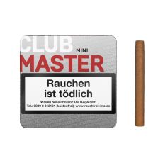 Dose Clubmaster Zigarillos Mini Red No 232. Silberne Dose mit weißer Club und roter Master Aufschrift und Zigarillo.