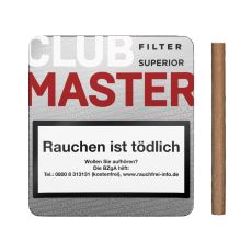Packung Zigarillos Clubmaster Superior Red Filter No 230. Silberne Packung mit weißer Club und roter Master Aufschrift und Zigarillo.