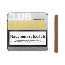 Dose Clubmaster Zigarillos Superior Sumatra No 141. Silberne Dose mit weißer Club und gelber Master Aufschrift und Zigarillo.