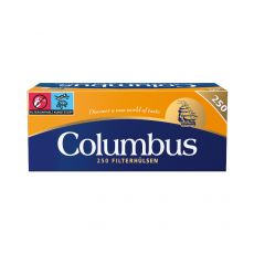 Packung Zigarettenhülsen Columbus 250 King Size. Blau-orange Packung mit weißer Columbus Aufschrift und Segelschiff.