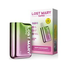 Packung Lost Mary Tappo Akku Green Pink. Rosa-grün-weiße Packung mit Lost Mary Tappo Gerät in grün-pink.