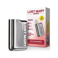 Packung Lost Mary Tappo Akku Silver Stainless Steel. Rot-weiße Packung mit Lost Mary Tappo Gerät in silber.