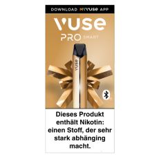Packung E-Zigarette Vuse Pro Smart Device Kit Gold. Goldene Schachtel mit goldenem Vuse Pen und Vuse Aufschrift.
