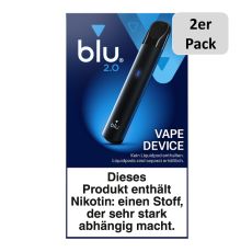 2er Pack E-Zigarette blu 2.0 Vape Device. Blau Schachtel mit schwarzem Gerät und 2er Pack Buttom.