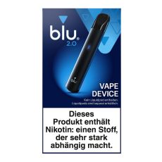 Packung E-Zigarette blu 2.0 Vape Device. Blau Schachtel mit schwarzem Gerät und weißer blu und Vape Device Aufschrift.