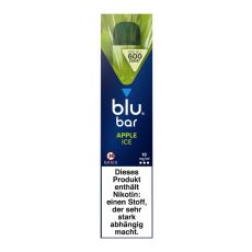 Packung blu bar E-Zigaretten Apple Ice. Blau-grüne Schachtel mit weißer blu bar und grüner Apple Ice Aufschrift.