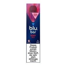 Packung blu bar E-Zigaretten Berry Mix. Blau-rosa Schachtel mit weißer blu bar und roter Berry Mix Aufschrift.