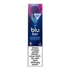 Packung blu bar E-Zigaretten Blueberry Sour Razz. Blau-lila marmorite Schachtel mit weißer blu bar Aufschrift.
