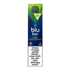 Packung blu bar E-Zigaretten Kiwi Passionsfruit. Blau-grüne Schachtel mit weißer blu bar Aufschrift.