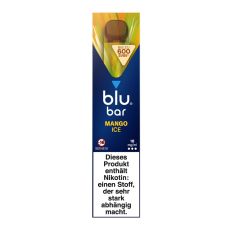 Packung blu bar E-Zigaretten Mango Ice. Blau-grün-orange Schachtel mit weißer blu bar Aufschrift.