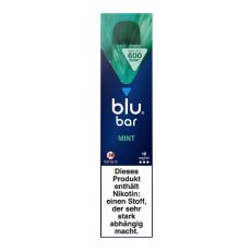 Packung blu bar E-Zigaretten Mint. Blau-türkise Schachtel mit weißer blu bar und türkiser Mint Aufschrift.