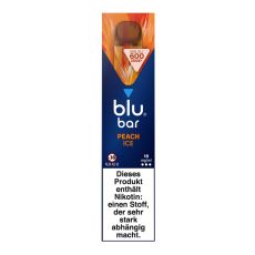 Packung blu bar E-Zigaretten Peach Ice. Blau-orange Schachtel mit weißer blu bar Aufschrift.