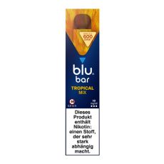 Packung blu bar E-Zigaretten Tropical Mix. Blau-orange Schachtel mit weißer blu bar Aufschrift.